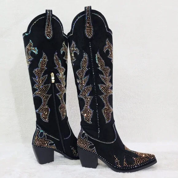 Sparks Country Western Cowgirl Knee Boots Dazzleing Iridescent Rhinestones Black